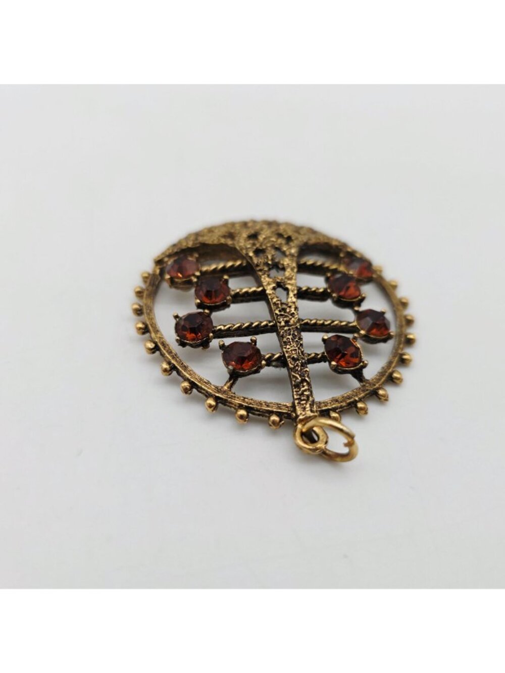 Gold Tone Filigree Pendant 8 Amber Rhinestones & Nuggets 1970s Vintage 2" - Picture 4 of 5